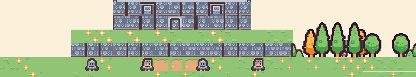 A small pixel-art village scene: a cottage, a fence, two villagers, and a scattering of trees.