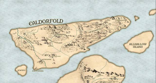 A closeup map of Ealdorfold, the northern kingdom across the Mistigsund from Wattle, showing Aethelburh, Weligadael, and the mining city of Staanbyrig.