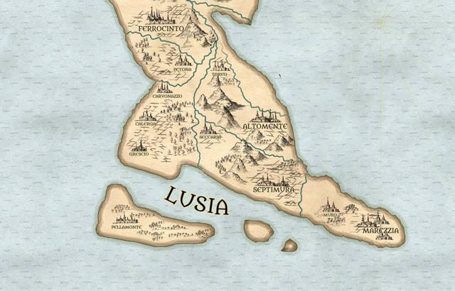 A closeup map of Lusia, seventeen city-states south of the Taprobane Desert, showing the four great republics of Septimura, Marezzia, Altomente, and Ferrocinto.