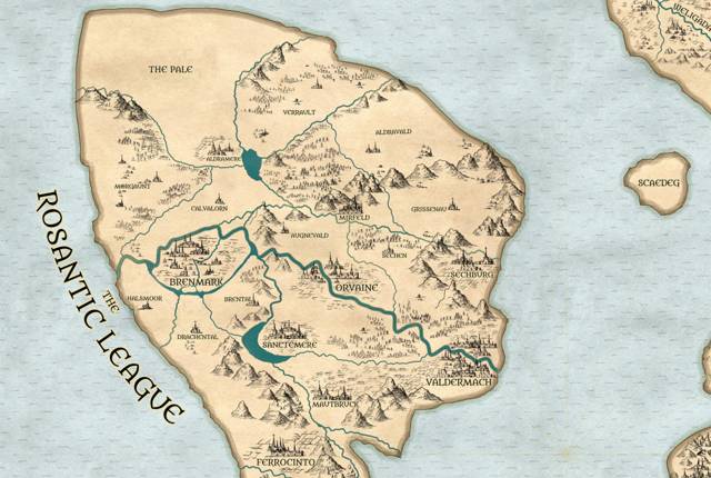 A closeup map of the Rosantic League, a coalition of forty-three polities along the river Valder, showing Valdermach, Brennmark, and Orvaine.