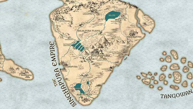 A closeup map of the Singhapura Empire, stretching from the Diamond River Delta and the Balalpura Plains to the Raavanskandha Mountains and the vassal islands of Tangowan.