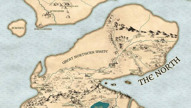 A closeup map of Wattle and Daub, the two provinces Singhapura calls 'the North,' with the Great Northern Waste running between them and Ealdorfold.